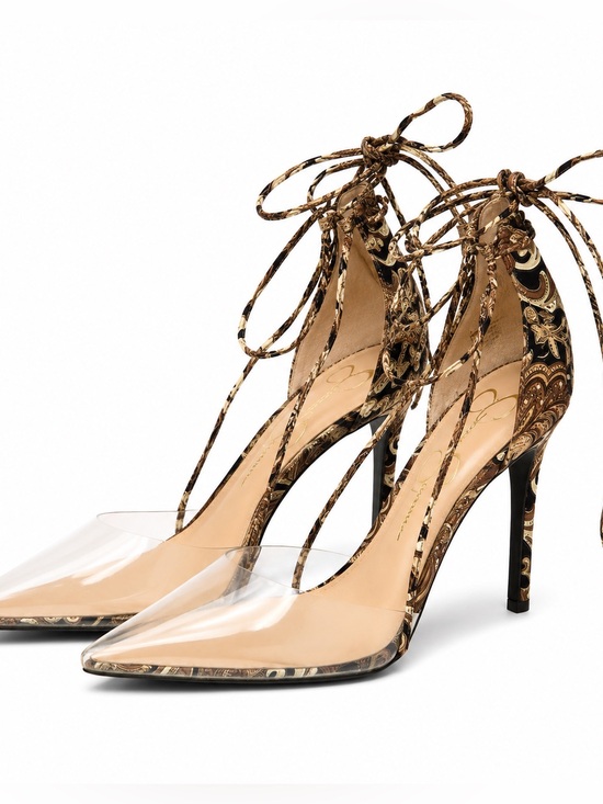 Jessica Simpson Shoes - Jessica Simpson Brown Paisley Lace-Up Pointed Clear Toe Heels